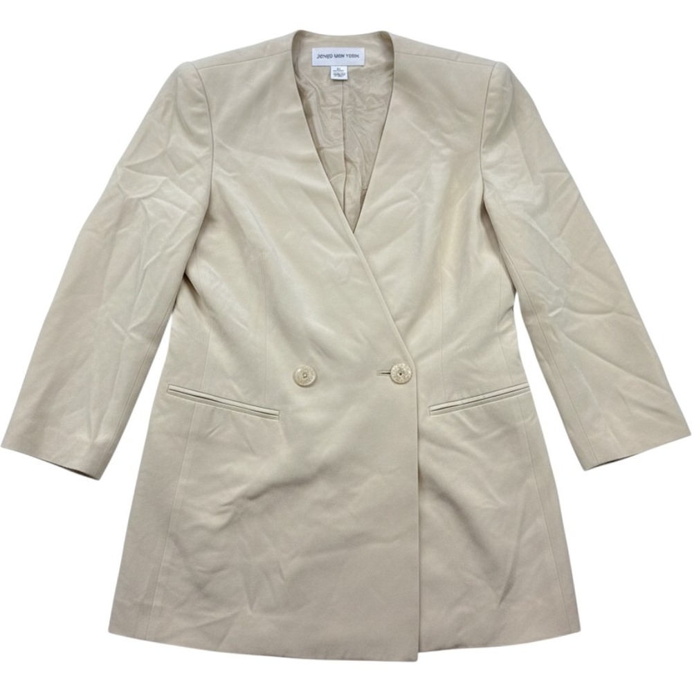 Jones New York Vintage 100% Silk Blazer Beige Collarless Double Breasted Size 10